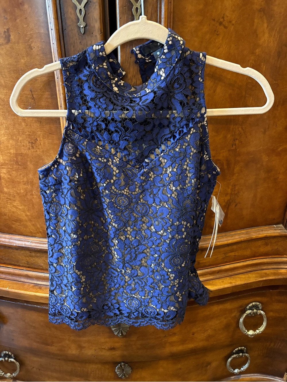 Aqua Navy Floral Lace High-Neck Sleeveless Camisole